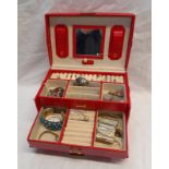 RED LEATHER JEWELLERY BOX AND CONTENTS INCLUDING SHETLAND SILVER PENDANTS ETC