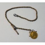 19TH CENTURY UNMARKED YELLOW METAL ROPE TWIST WATCH CHAIN WITH 1891 SOVEREIGN PENDANT HOOK MARKED