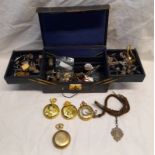 JEWELLERY BOX & CONTENTS OF SILVER & OTHER CUFFLINKS, POCKETWATCHES, SILVER FOB ON HAIR ALBERT ETC.