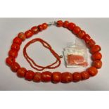 3 CORAL BEAD NECKLACES, 1 NEEDS RESTRUNG Condition Report: Large necklace: 52cm long,