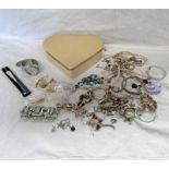 JEWELLERY BOX AND CONTENTS OF EARRINGS, NECKLACES, WATCH ETC.