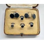 CASED SILVER MOUNTED CUFFLINKS & BUTTON SET,