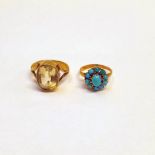 9CT GOLD CITRINE SET RING & 14CT GOLD TURQUOISE SET RING - 5.