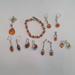 SELECTION OF VARIOUS 925 SILVER AMBER SET EARRINGS, PENDANTS, ETC.