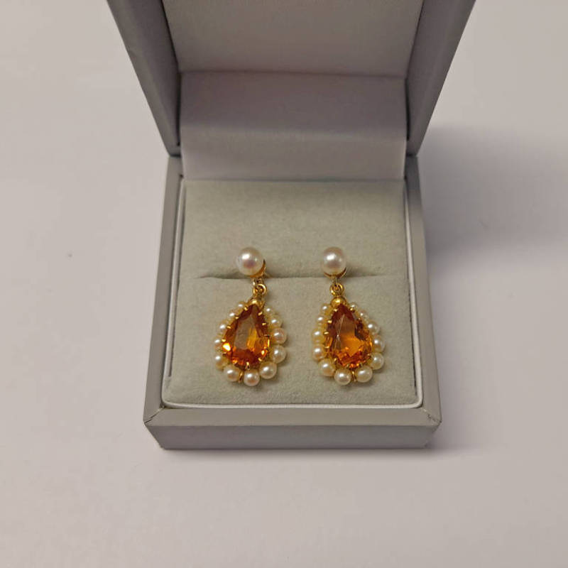 PAIR OF EARLY 20TH CENTURY 9CT GOLD PEARL & CITRINE SET EARDROPS,