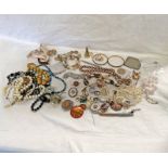 LARGE SELECTION OF VARIOUS JEWELLERY INCLUDING BEAD NECKLACES, BROOCHES, COMPACTS, BANGLES,