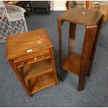OAK OCCASIONAL TABLE WITH SINGLE DRAWER AND UNDER SHELVES AND OAK PLANT STAND.