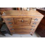 19TH CENTURY INLAID MAHOGANY CHEST OF 4 SHORT, 1 DEEP AND 3 LONG DRAWERS ON SPLAYED SUPPORTS.