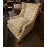 20TH CENTURY OVERSTUFFED WINGBACK ARMCHAIR WITH STRIPED PATTERN ON SQUARE SUPPORTS