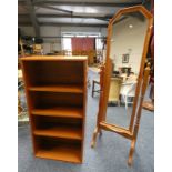 TEAK OPEN BOOKCASE AND PINE CHEVAL MIRROR HEIGHT OF MIRROR 155 CM