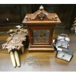 OAK CASED MANTLE CLOCK WITH BRASS AND SILVERED DIAL, OAK CUCKOO CLOCK ETC.