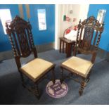 PAIR OF LATE 19TH CENTURY CARVED OAK CHAIRS ON BARLEY TWIST SUPPORTS 114CM TALL