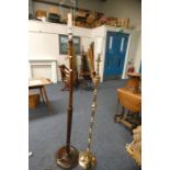 MAHOGANY STANDARD LAMP ON CIRCULAR BASE AND BRASS STANDARD LAMP ON CIRCULAR BASE