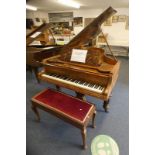 LATE 19TH OR EARLY 20TH CENTURY BURR WALNUT CASED OVERSTRUNG BABY GRAND PIANO BY HALSMAYER.