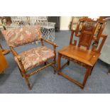 CHINESE HARDWOOD CHAIR WITH DECORATIVE CARVED BACK ON SQUARE SUPPORTS & OAK OPEN ARMCHAIR ON BOBBIN