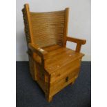 PINE ORKNEY CHAIR WITH RUSHWORK BACK AND SINGLE DRAWER TO BASE.
