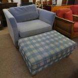 OVERSTUFFED 2 SEATER SETTEE WITH CHECKERED BLUE PATTERN & SIMILAR CENTRE STOOL