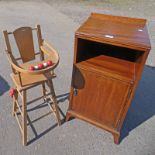 INLAID MAHOGANY BEDSIDE CABINET WITH SINGLE PANEL DOOR & CHILDS METAMORPHIC HIGH CHAIR