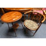 INLAID MAHOGANY CIRCULAR LAMP TABLE ON TURNED SUPPORTS & MAHOGANY CORNER CHAIR,