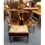 PAIR OF OAK WHEELBACK OPEN ARMCHAIRS ON TURNED SUPPORTS, MAHOGANY STOOL ETC.