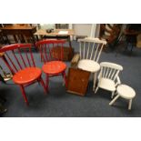 3 PAINTED SPINDLE BACK CHAIRS ON TURNED SUPPORTS,