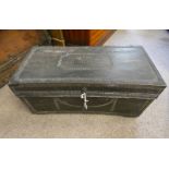 LEATHER BOUND HARDWOOD TRUNK WITH DECORATIVE BRASS STUDWORK,