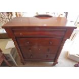 19TH CENTURY MAHOGANY OGEE CHEST WITH 4 DRAWERS & BOBBIN DECORATION ON BALL FEET.