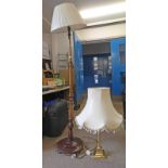 MAHOGANY STANDARD LAMP WITH TURNED COLUMN ON CIRCULAR BASE AND BRASS TABLE LAMP ON SQUARE BASE.