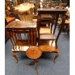 NEST OF 3 MAHOGANY TABLES WITH GLASS INSET TOPS, MAHOGANY LAMP TABLE WITH UNDERSHELF ETC.