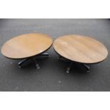 PAIR OF 20TH CENTURY OAK TOPPED CIRCULAR TABLES ON CHROME PEDESTALS WITH 5 SPREADING SUPPORTS,