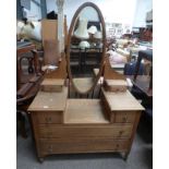 EARLY 20TH CENTURY OAK DRESSING TABLE WITH MIRROR & 2 FRIEZE DRAWERS OVER 4 DRAWERS ON TURNED