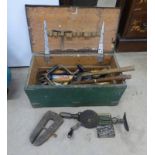 WOODEN TOOL BOX TO CONTAIN VARIOUS TOOLS SUCH AS CHISELS, HAND DRILL, CLAMP STAMPED G.