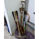 GOOD SELECTION OF GARDEN TOOLS TO INCLUDE PICK AXE, SHOVELS ETC.