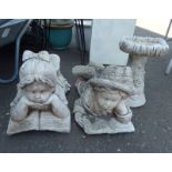 RECONSTITUTED STONE FIGURES OF BOY & GIRL AND BIRD BATH