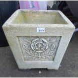 RECONSTITUTED STONE GARDEN PLANTER WITH FLORAL DECORATION 37 CM TALL X 36 CM WIDE