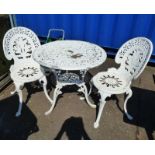 PAINTED CAST METAL GARDEN TABLE & MATCHING PAIR OF CHAIRS.