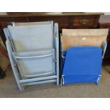 2 METAL FRAMED GARDEN FOLDING ARMCHAIRS & METAL FRAMED FOLDING LOUNGER