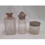 SILVER TOPPED SCENT BOTTLES, SILVER TOPPED CUT GLASS SUGAR SIFTER,