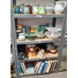 LARGE SELECTION POTTERY JUGS, MASKS, GLASSWARE, BOOKS, ETC,