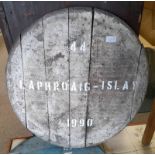 WHISKY BARREL LID MARKED '44 LAPHROAIG - ISLAY 1990'