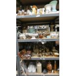 LARGE SELECTION OF ART POTTERY, 2 METAL FIGURES, LARGE SELECTION OF BRASSWARE, COPPERWARE,