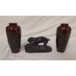 PAIR JAPANESE BRONZE VASES 18CM TALL WITH DRAGON DECORATION & METAL FIGURE OF A DOG