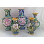 PAIR OF CHINESE CLOISONNE VASES & 3 OTHER CHINESE CLOISONNE VASE.