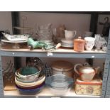 LARGE SELECTION INCLUDING ENAMEL MINCER COLLECTABLES, PORCELAIN GLASSWARE ETC OVER 2 SHELVES,