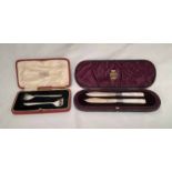 PAIR OF MOTHER OF PEARL HANDLED BUTTER KNIVES IN FITTED CASE AND 2 SILVER PICKLE FORKS IN FITTED