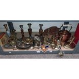 LARGE SELECTION BRASS WARE & COPPER INCLUDING PAIRS OF CANDLESTICKS,