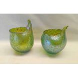 PAIR LOETZ STYLE IRIDESCENT GREEN GLASS VASES - 11.