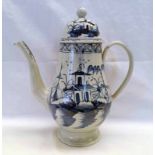 EARLY 19TH CENTURY PEARLWARE BLUE & WHITE COFFEE POT DECORATED WITH CHINESE LANDSCAPE SCENES.