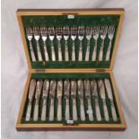 SET 12 MOTHER OF PEARL HANDLED FISH KNIVES & FORKS WITH SILVER BANDING IN MAHOGANY CASE.
