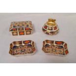 PAIR ROYAL CROWN DERBY IMARI PATTERN BUTTER DISHES, LIDDED TRINKET BOX & TABLE LIGHTER.
